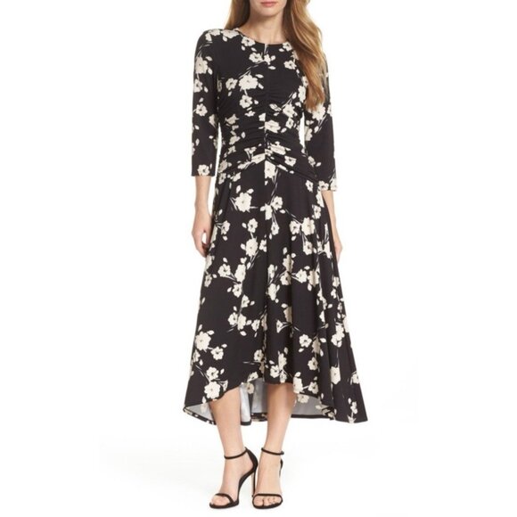 Maggy London Midi Dress 14 Black Pink Ivory Floral Ruched 3/4 Long Sleeve NEW - Picture 7 of 16